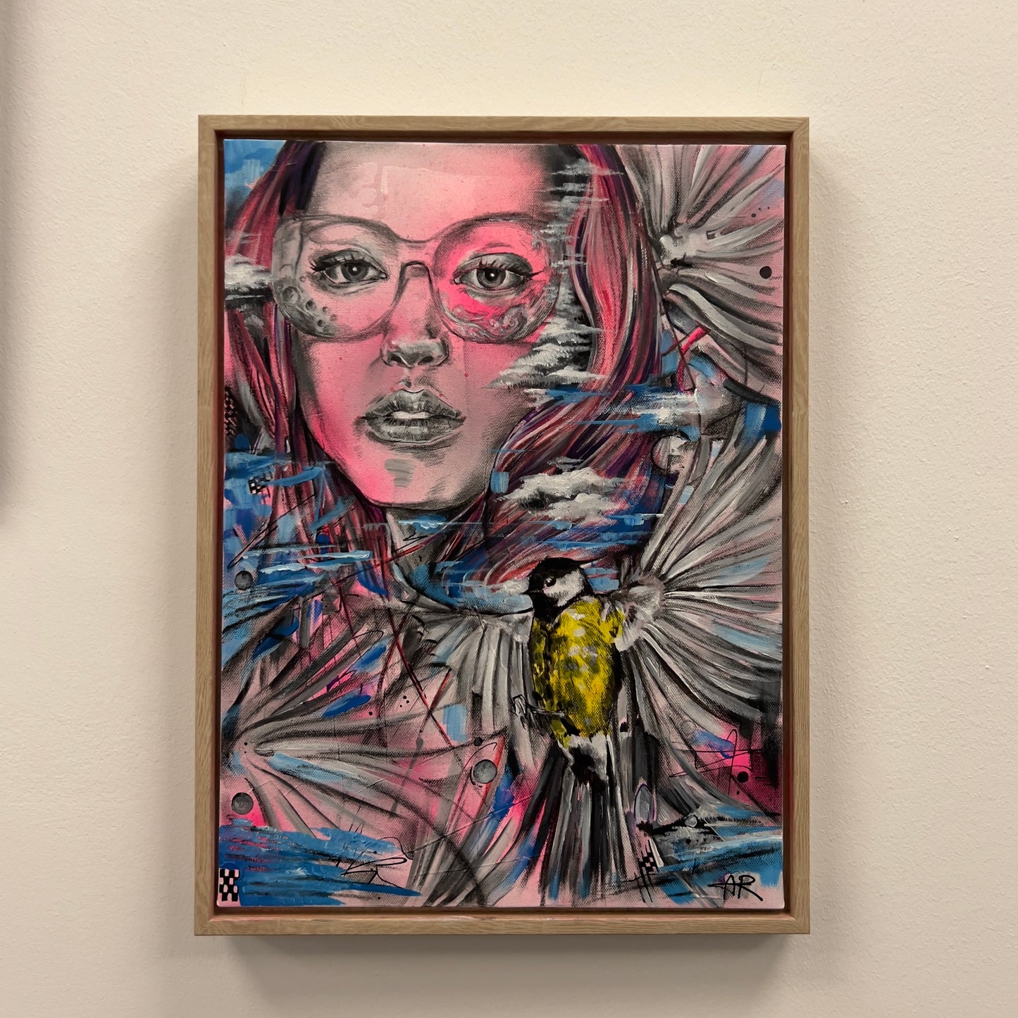 An abstract acrylic painting featuring a female figure with glasses and a bird on a flower, set against a pink and blue background.