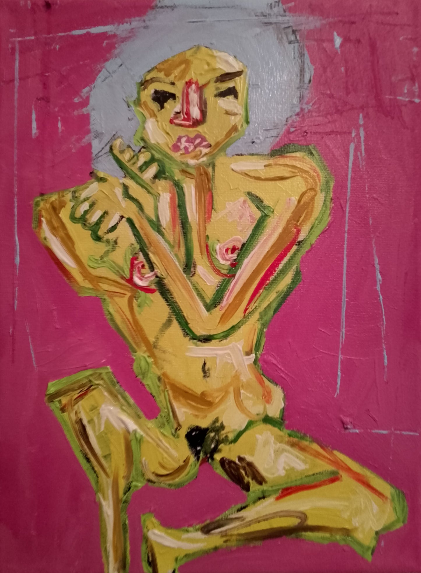 Abstract expressionist painting of a figure rendered in yellow and green tones against a flat magenta background, available at HEADS Art Gallery.