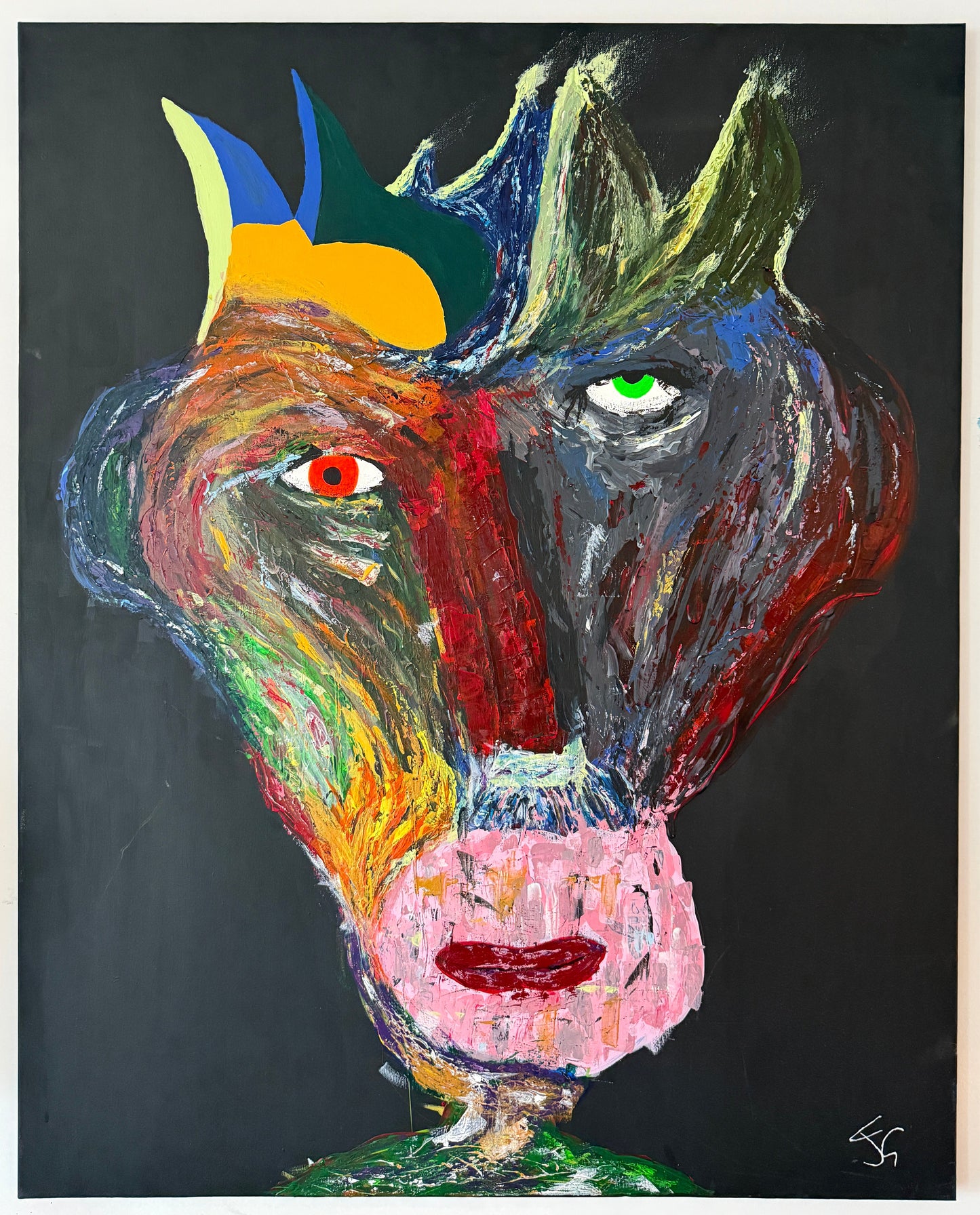 Expressive abstract painting of a multi-colored tribal face with red and green eyes against a solid black background, available at HEADS Art Gallery.