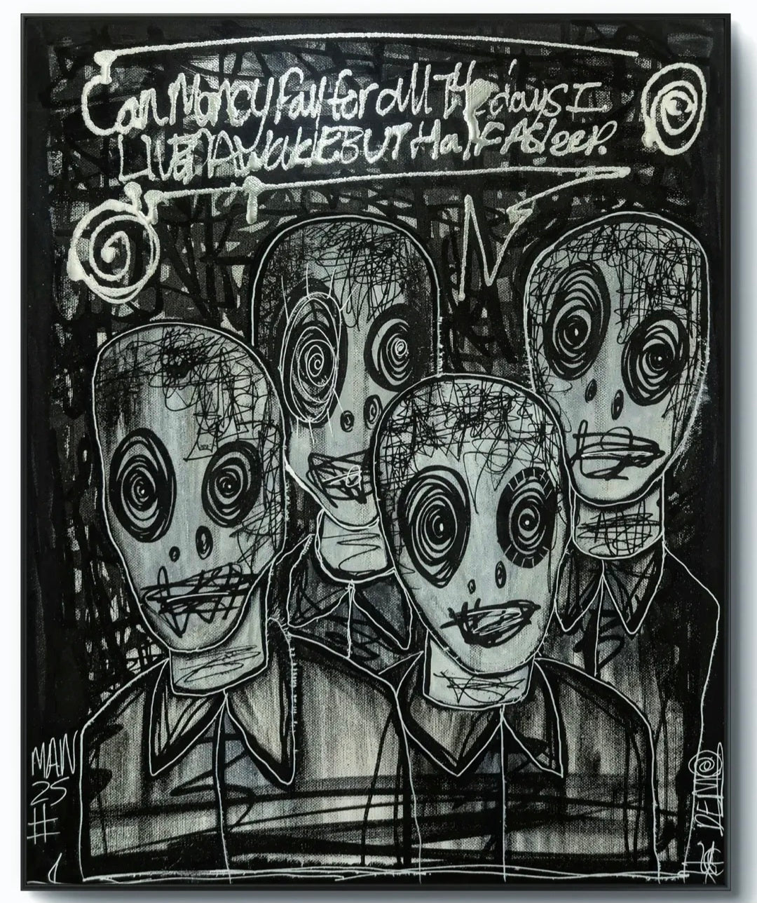 Black and white illustration of four humanoid figures with exaggerated features on a dark background.