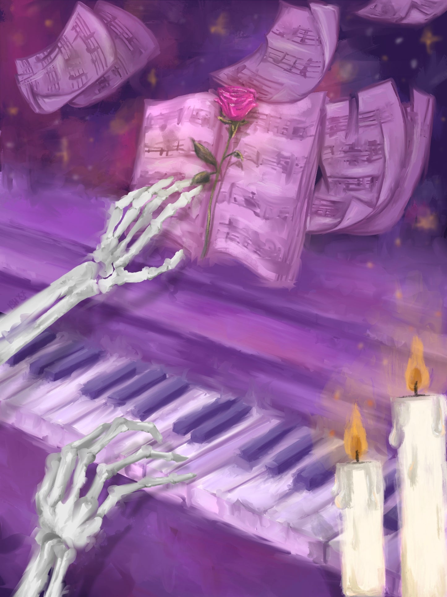 Gothic oil painting of skeleton hands playing a purple piano with floating sheet music, a pink rose, and lit candles