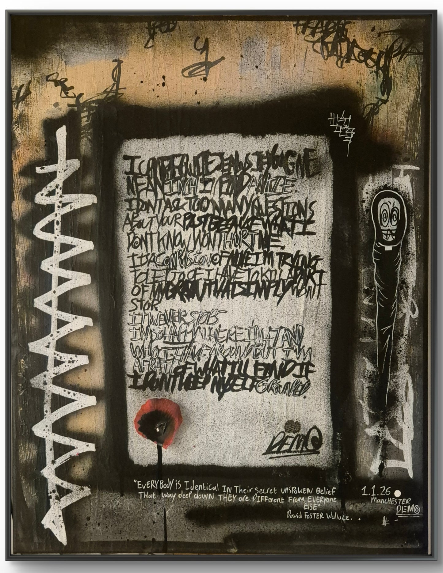 Graffiti-style artwork with text and abstract designs on a textured background