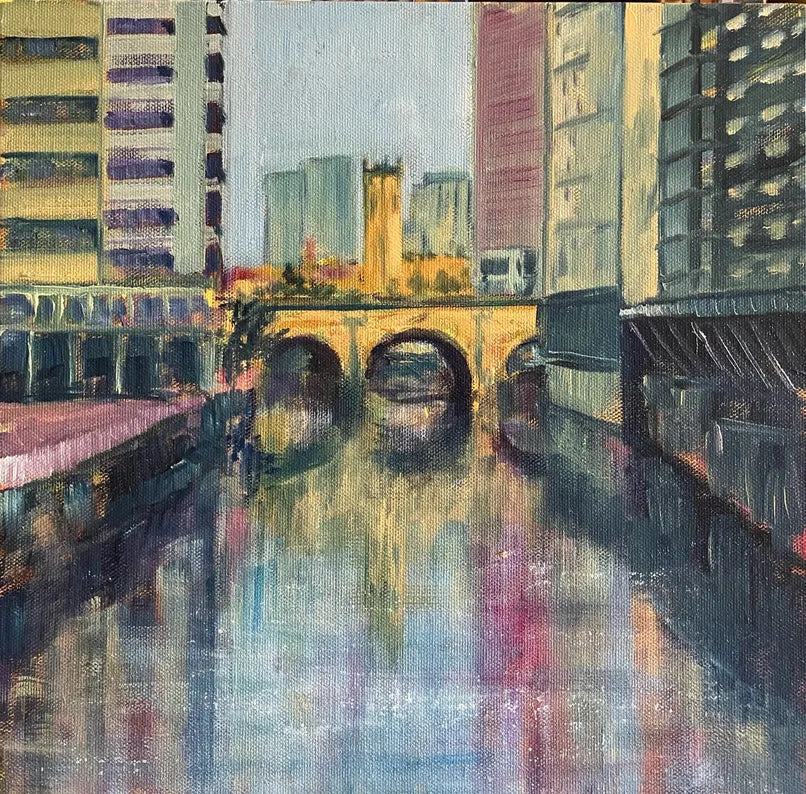 Impressionist oil painting of a stone bridge over a city canal reflecting the surrounding tall buildings in soft purple and yellow light, available at HEADS Art Gallery.