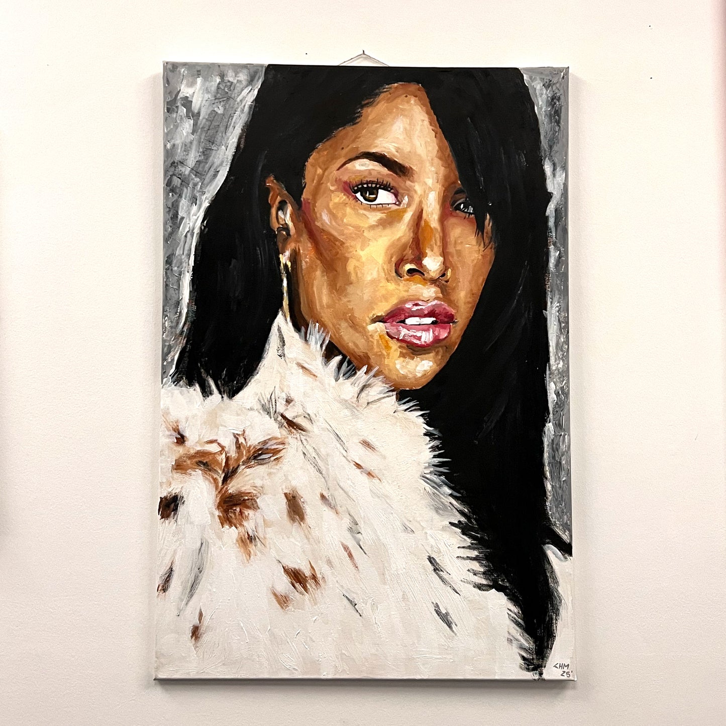 Portrait painting of R&B singer Aaliyah wearing a white faux fur coat against a textured grey background, available at HEADS Art Gallery.