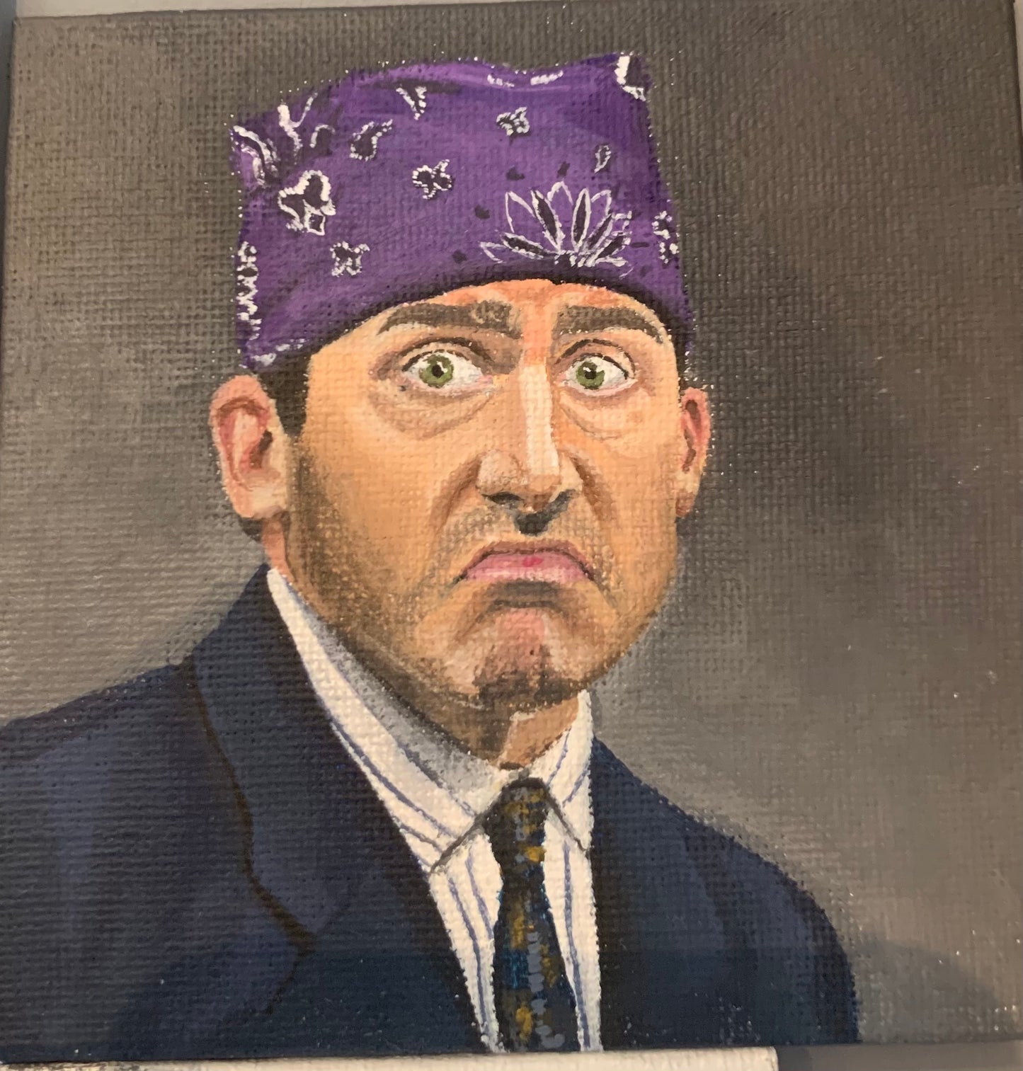 Humorous acrylic portrait painting of Steve Carell as "Prison Mike" from The Office, wearing a purple bandana and a scowling expression, available at HEADS Art Gallery.
