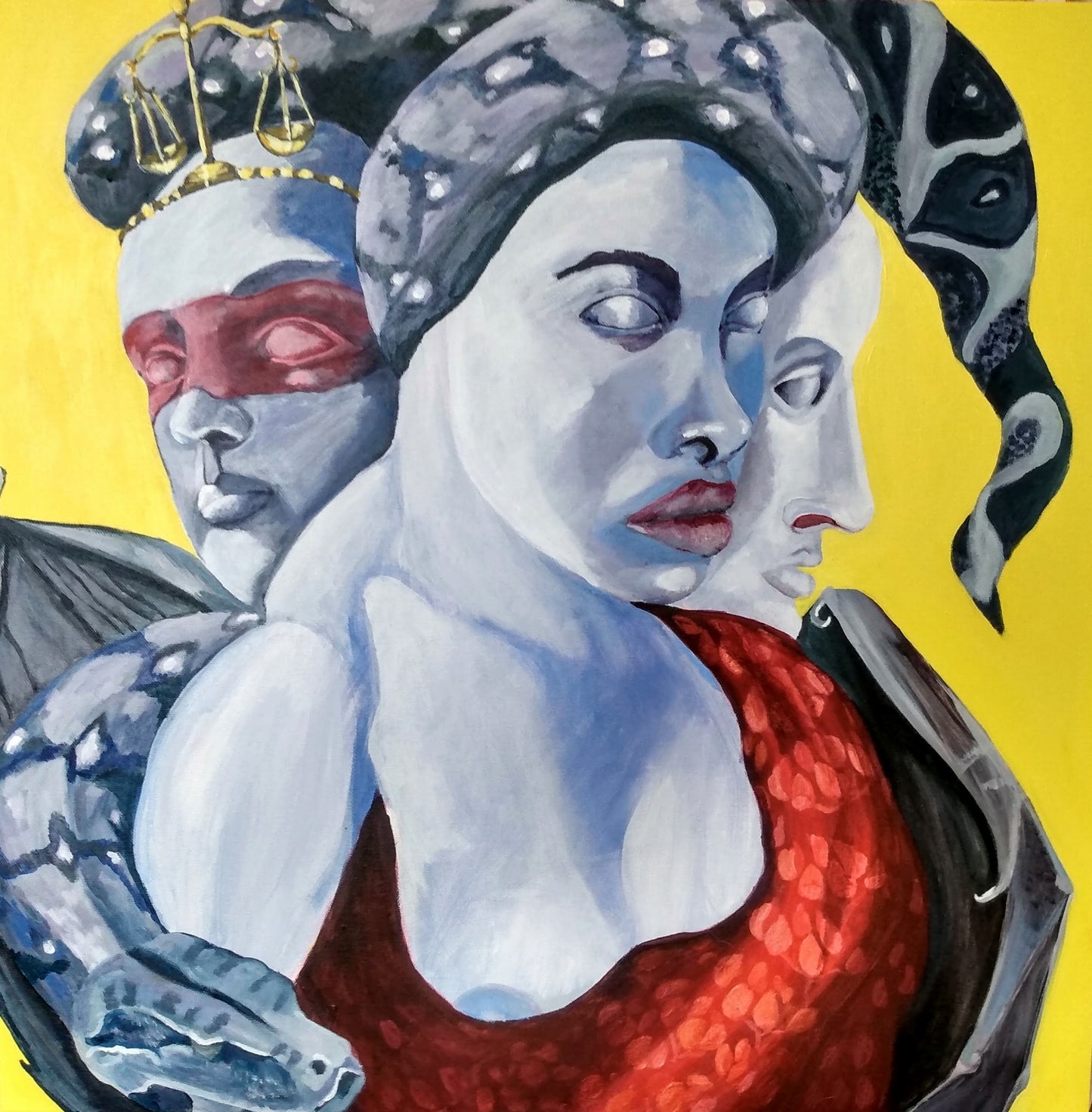 Dramatic painting of three interconnected faces in blue tones, one wearing a blindfold and holding scales of justice, against a bright yellow background, available at HEADS Art Gallery.