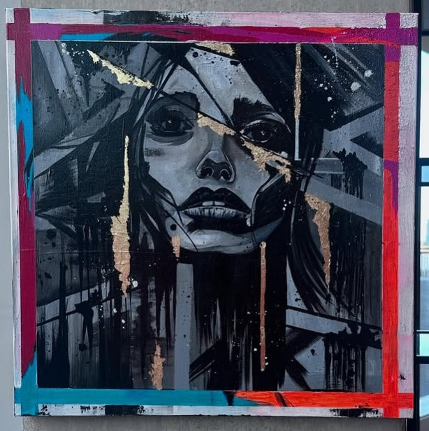 Artistic depiction of a face with abstract colorful border