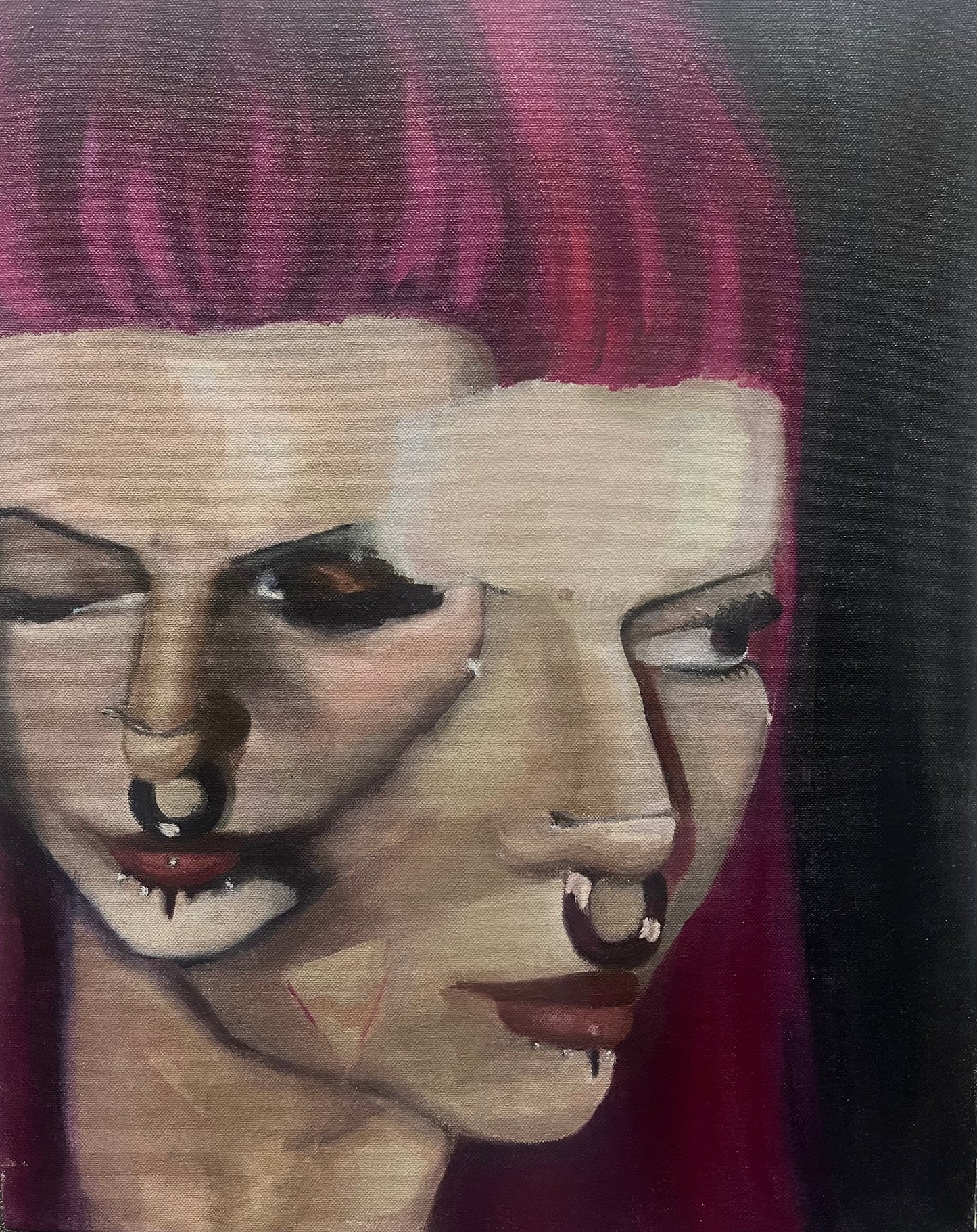Modern portrait art of a woman with a septum ring and pink hair, blending two facial angles into one surreal image available at HEADS Art Gallery.