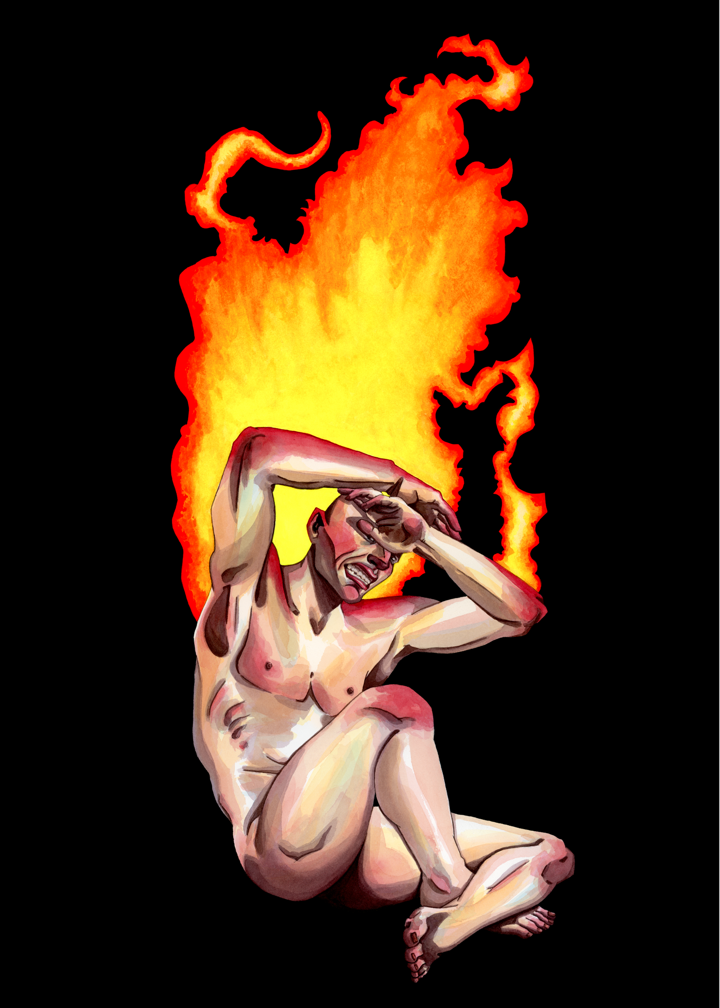 Surreal artwork of a nude figure with flames on a black background