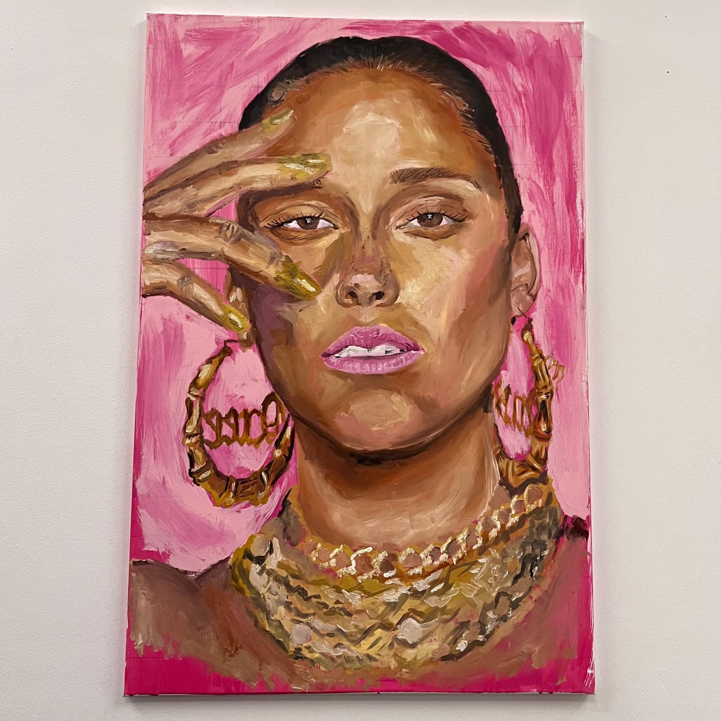 Painting of Alicia Keys wearing large "Queen" gold hoop earrings and a heavy gold chain on a pink background, available at HEADS Art Gallery.