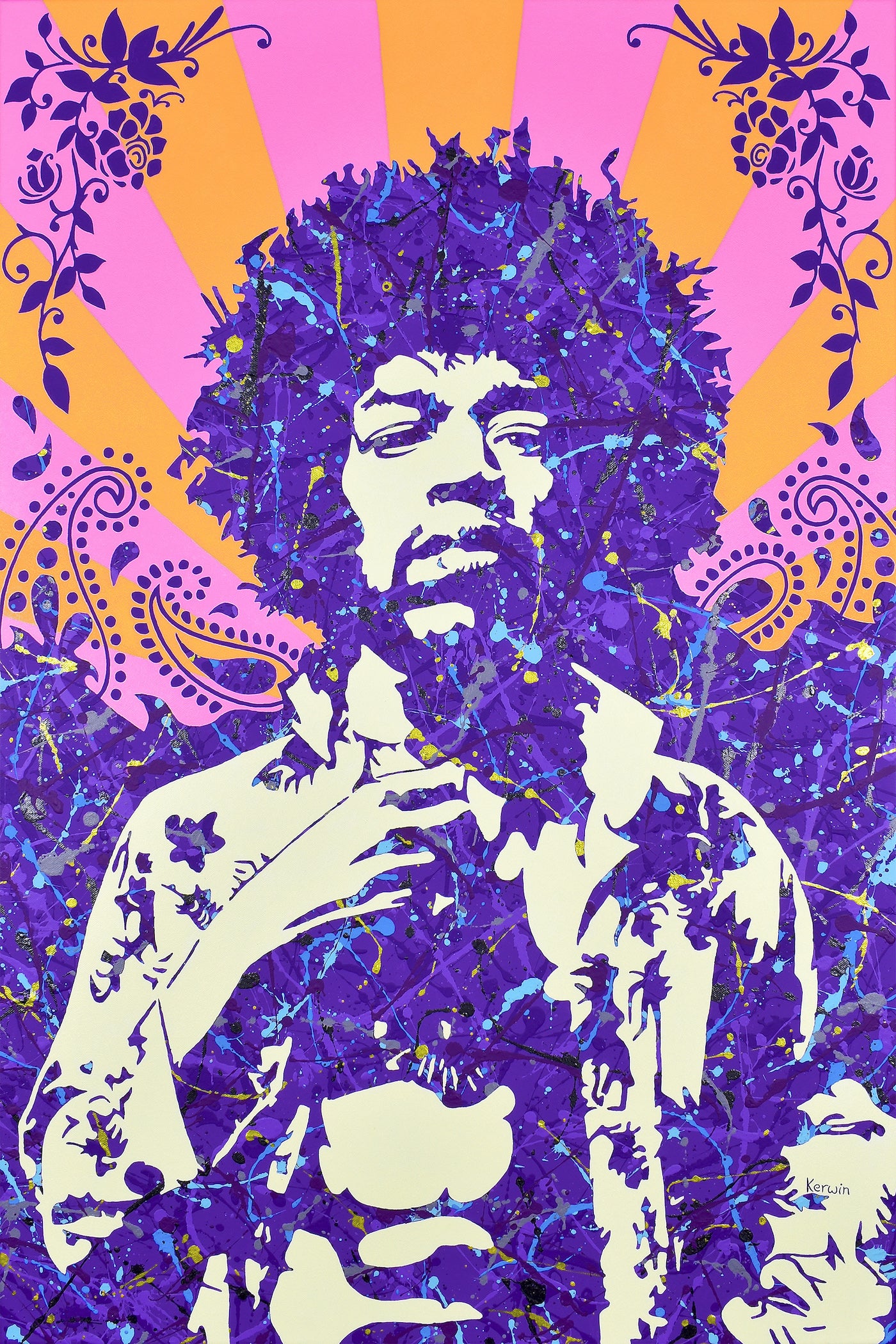 Psychedelic purple and orange splatter art portrait of rock legend Jimi Hendrix featuring paisley patterns and floral borders, available at HEADS Art Gallery.