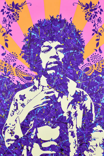 Psychedelic purple and orange splatter art portrait of rock legend Jimi Hendrix featuring paisley patterns and floral borders, available at HEADS Art Gallery.
