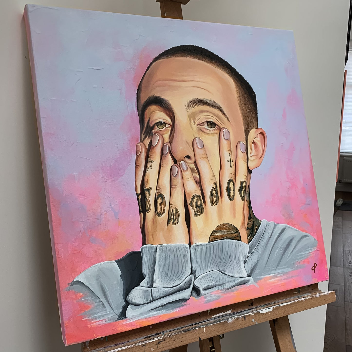 Mac Miller painting with hand tattoos available at HEADS Art Gallery.