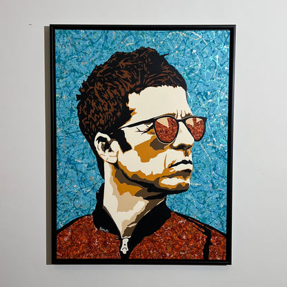 pop art style portrait of Noel Gallagher wearing orange-tinted sunglasses against a blue and white paint-splattered background, available at HEADS Art Gallery.