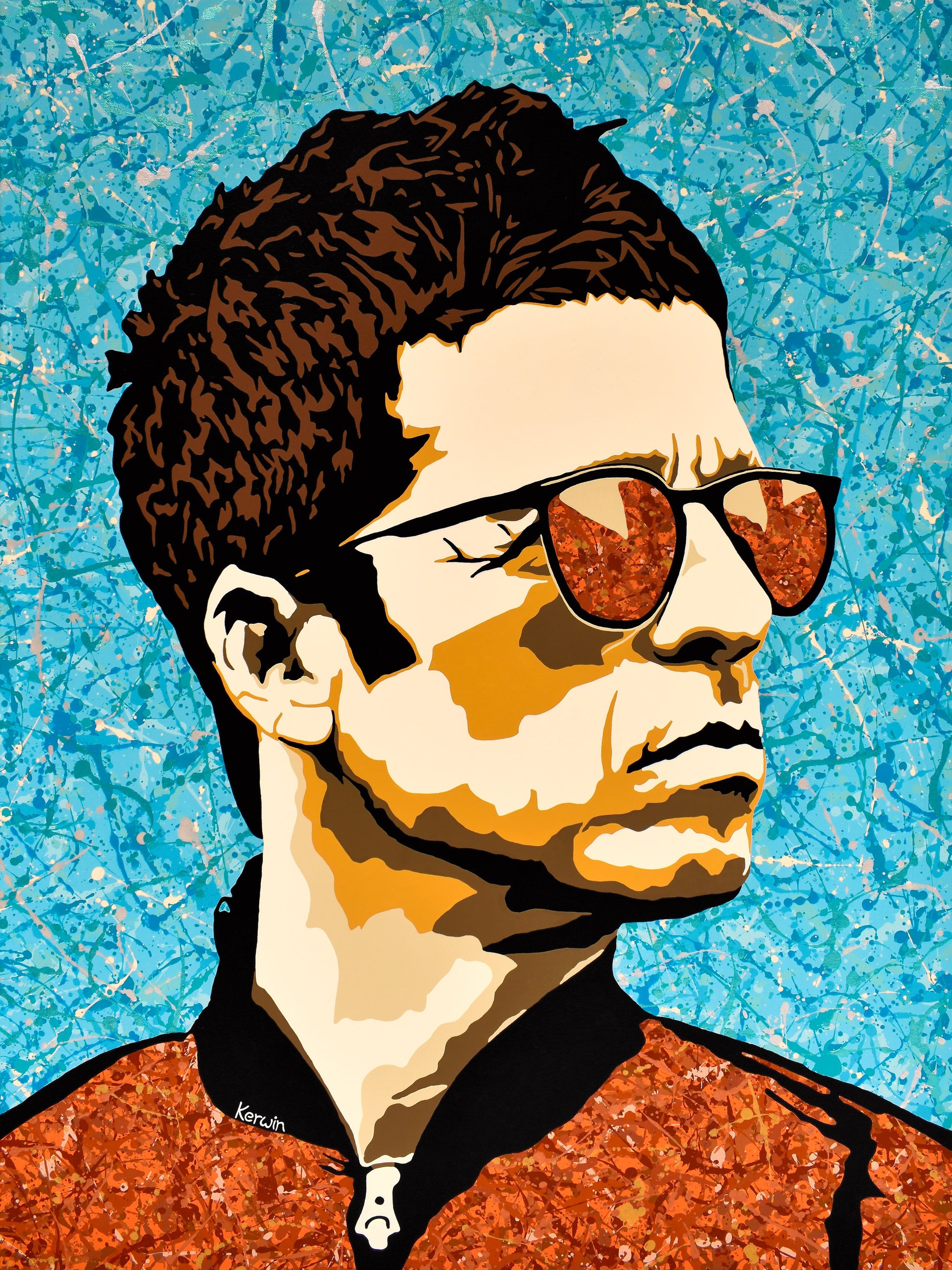pop art style portrait of Noel Gallagher wearing orange-tinted sunglasses against a blue and white paint-splattered background, available at HEADS Art Gallery.
