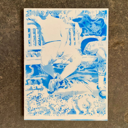 Abstract artwork with blue and white colors on a textured brown background