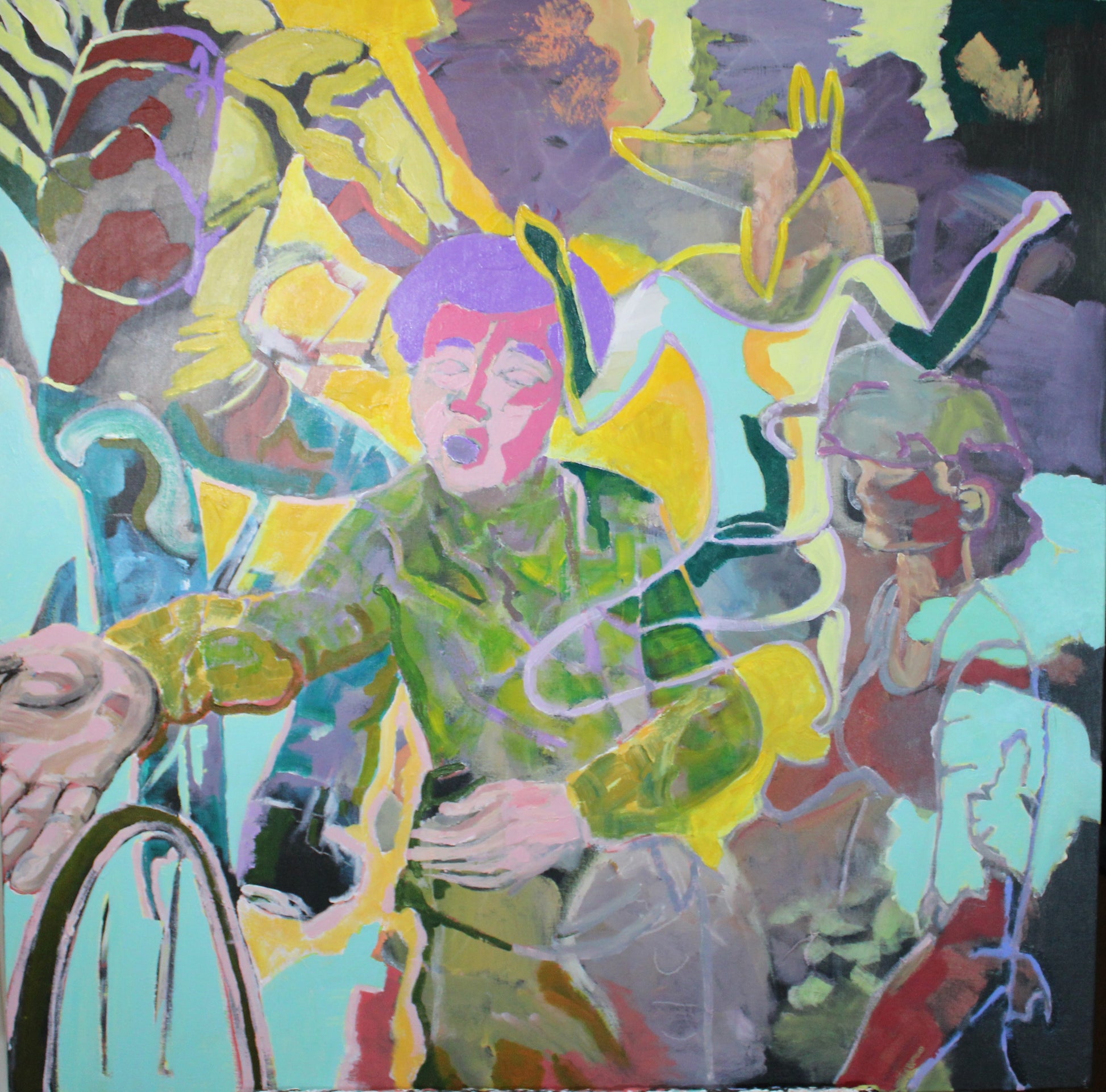 Abstract artwork with colorful figures and shapes
