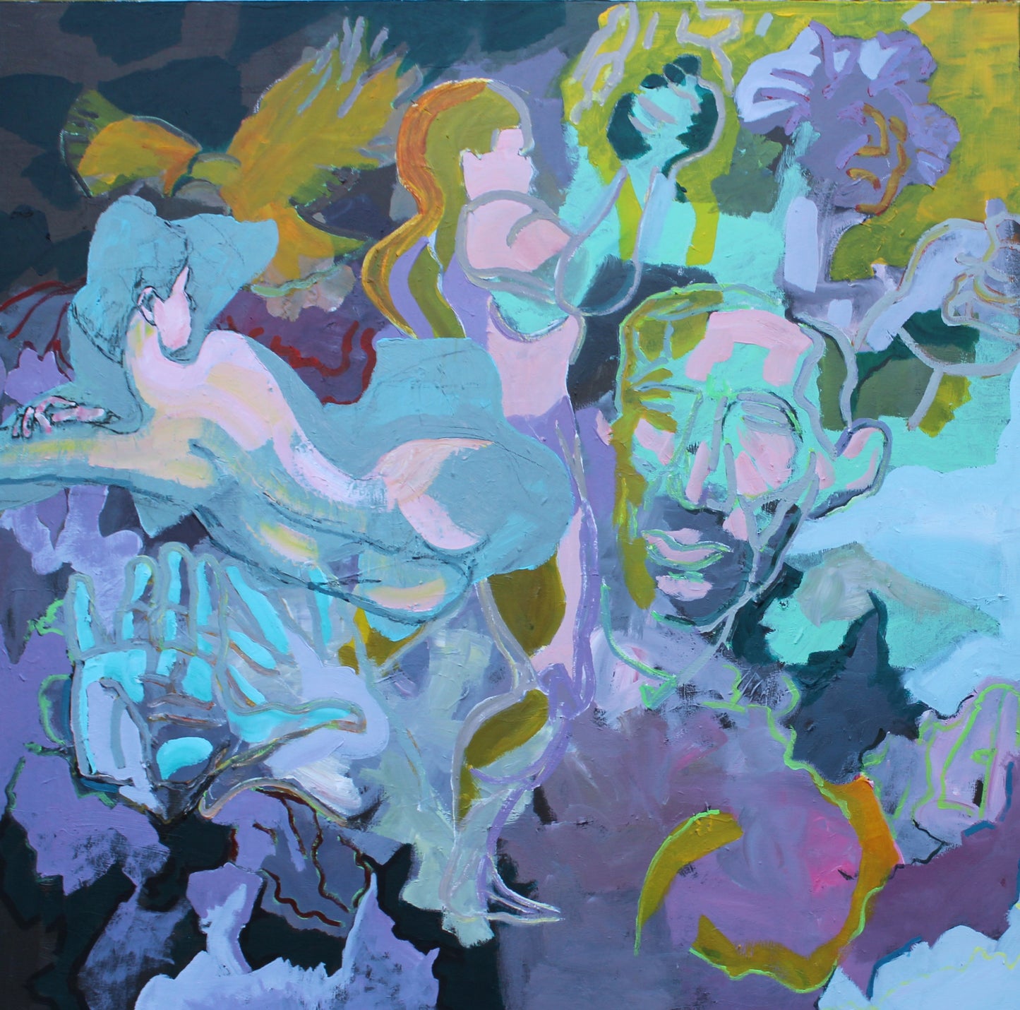 Abstract artwork with colorful figures and text on a dark background