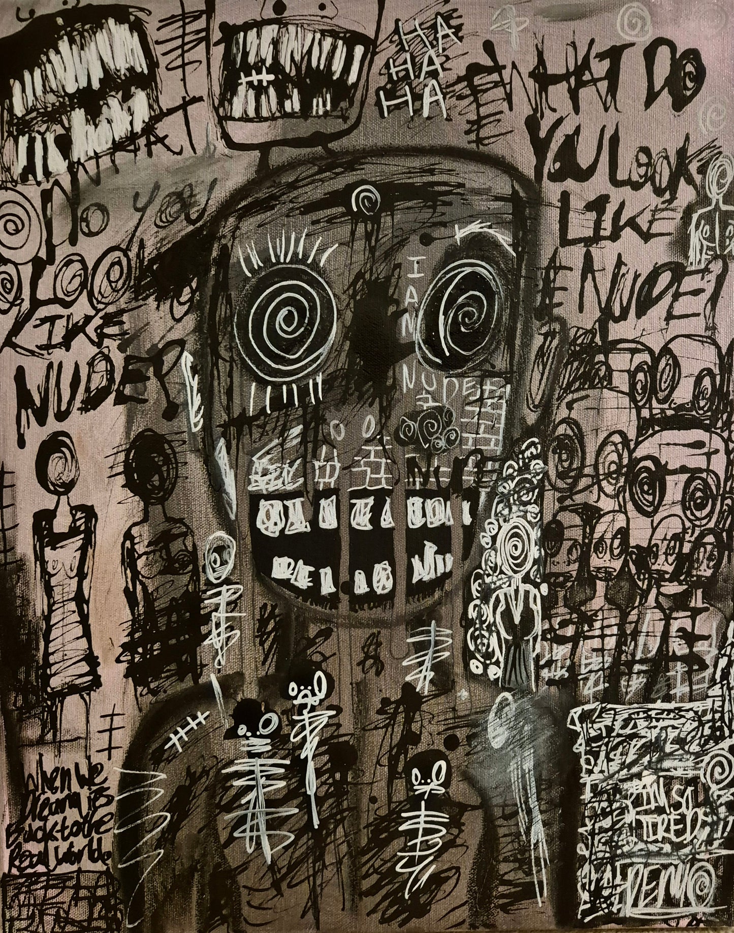 Abstract black and white artwork with text and shapes
