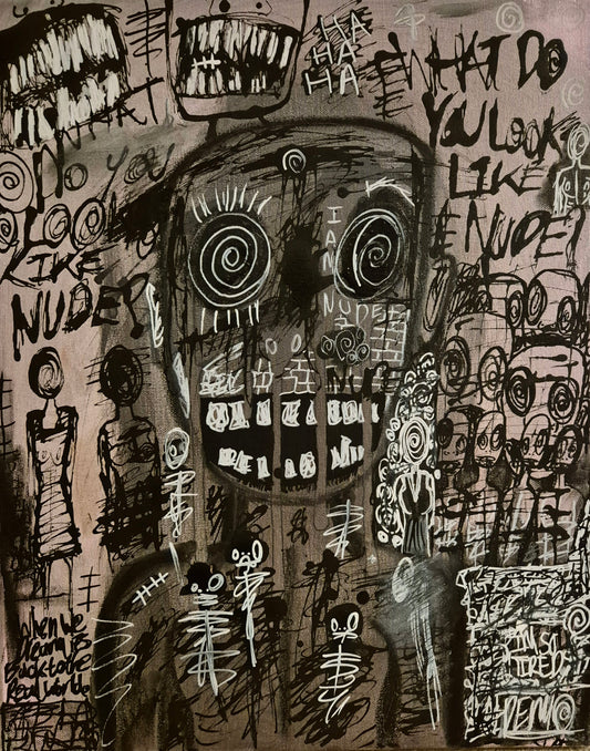 Abstract black and white artwork with text and shapes