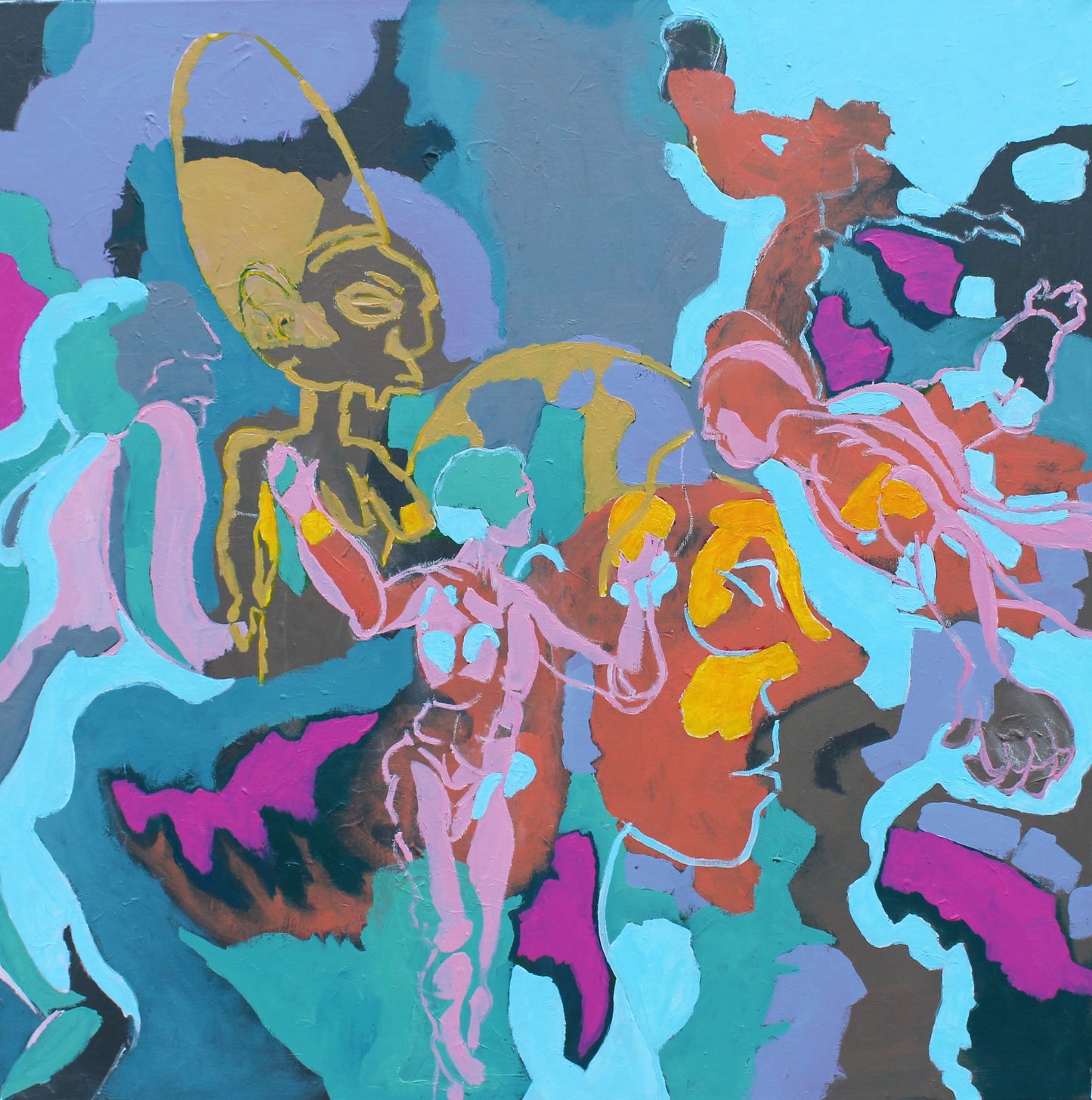 Abstract artwork with colorful figures and shapes on a blue background
