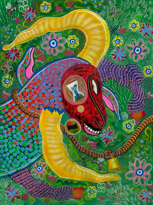 Colorful abstract painting with a red creature-like figure and yellow snake-like creature on a green background with flowers.
