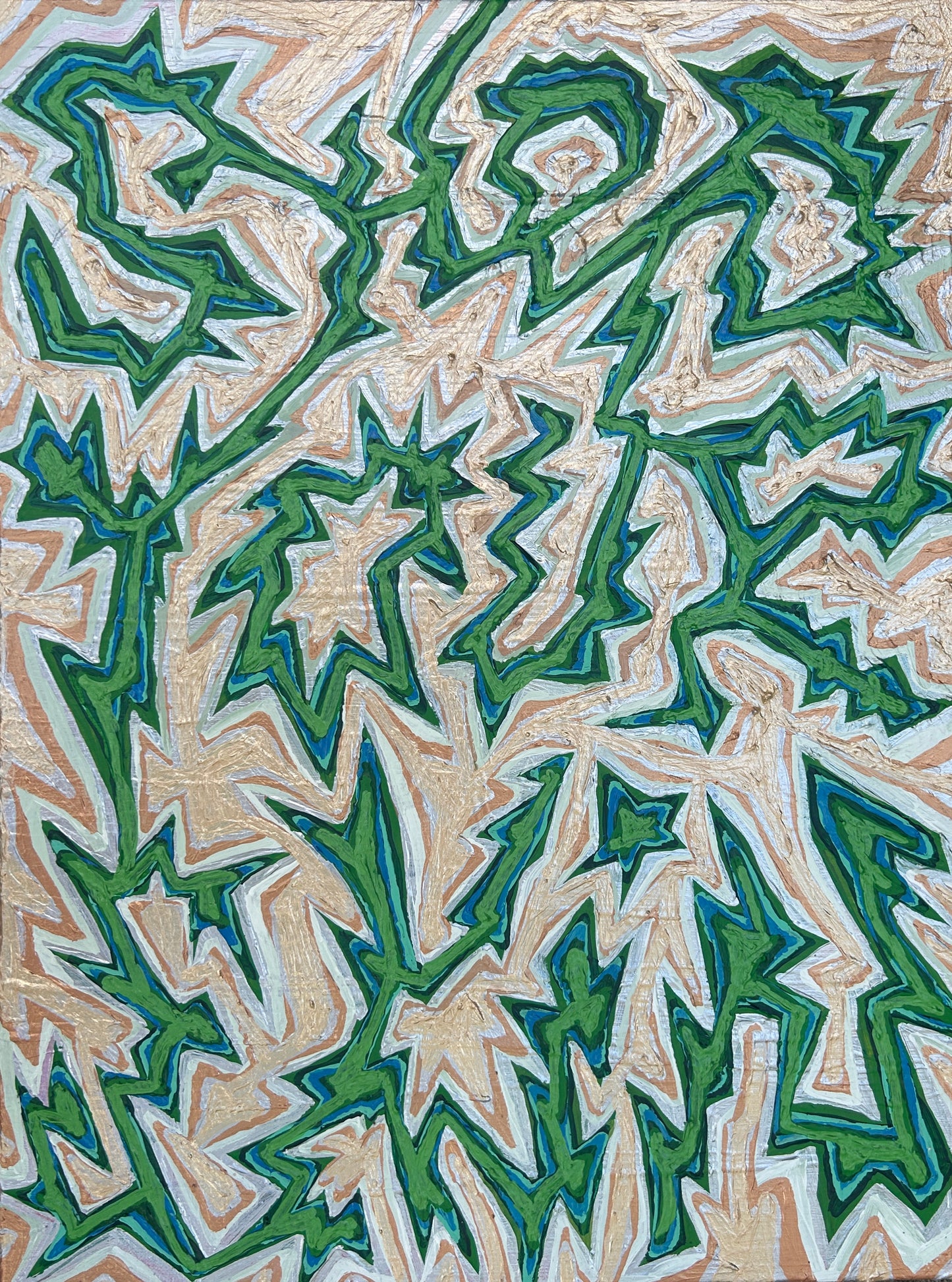 Abstract pattern with green and beige shapes on a textured background