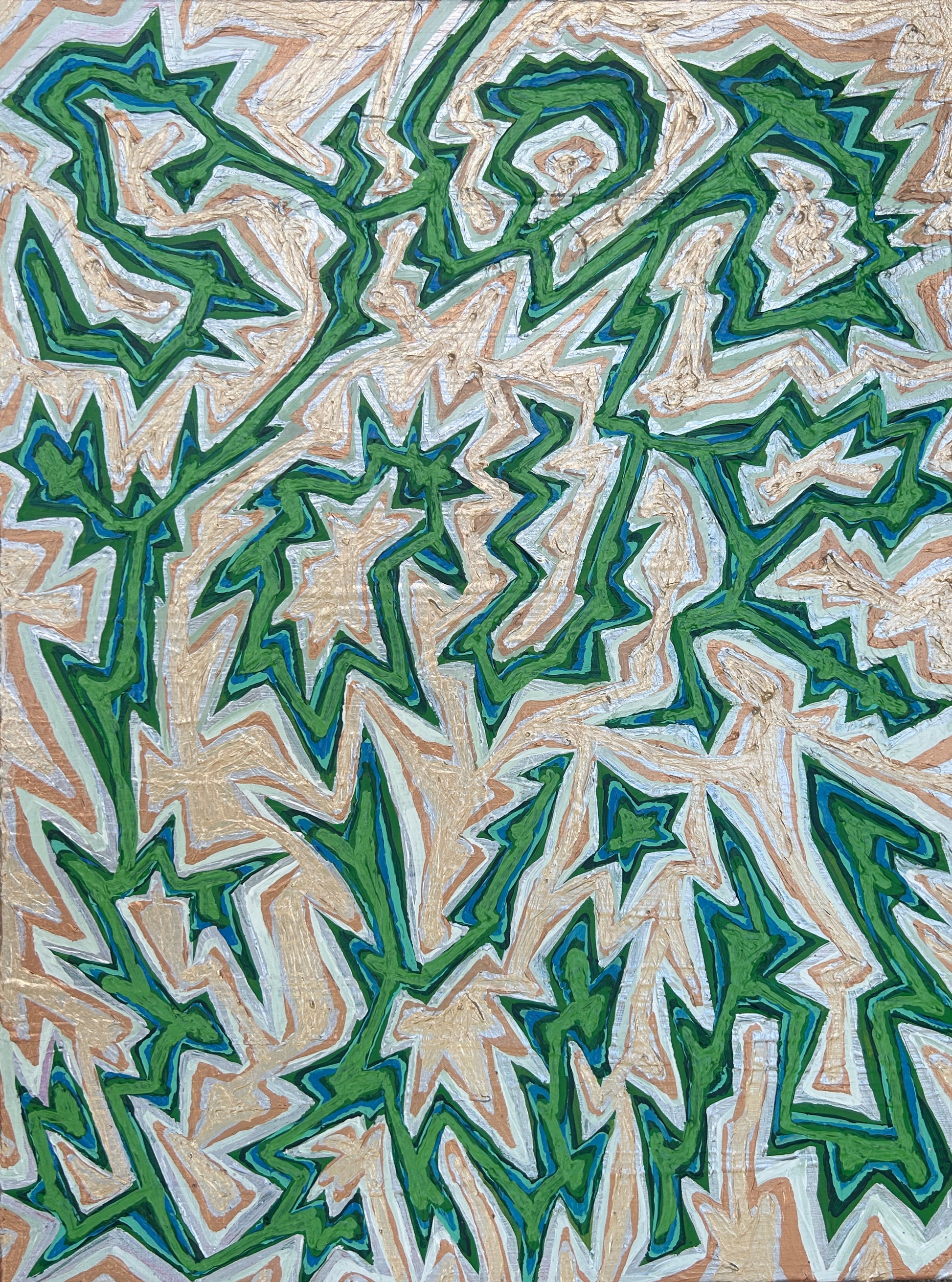 Abstract pattern with green and beige shapes on a textured background