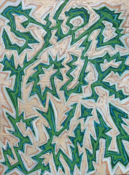 Abstract pattern with green and beige shapes on a textured background