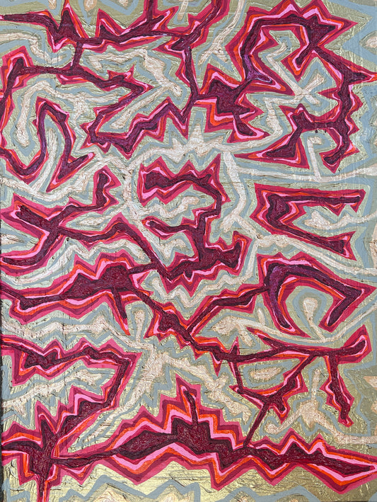 Abstract pattern with red and purple shapes on a textured background