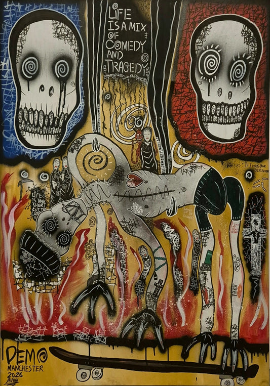 Abstract artwork with skeletons, flames, and text on a colorful background