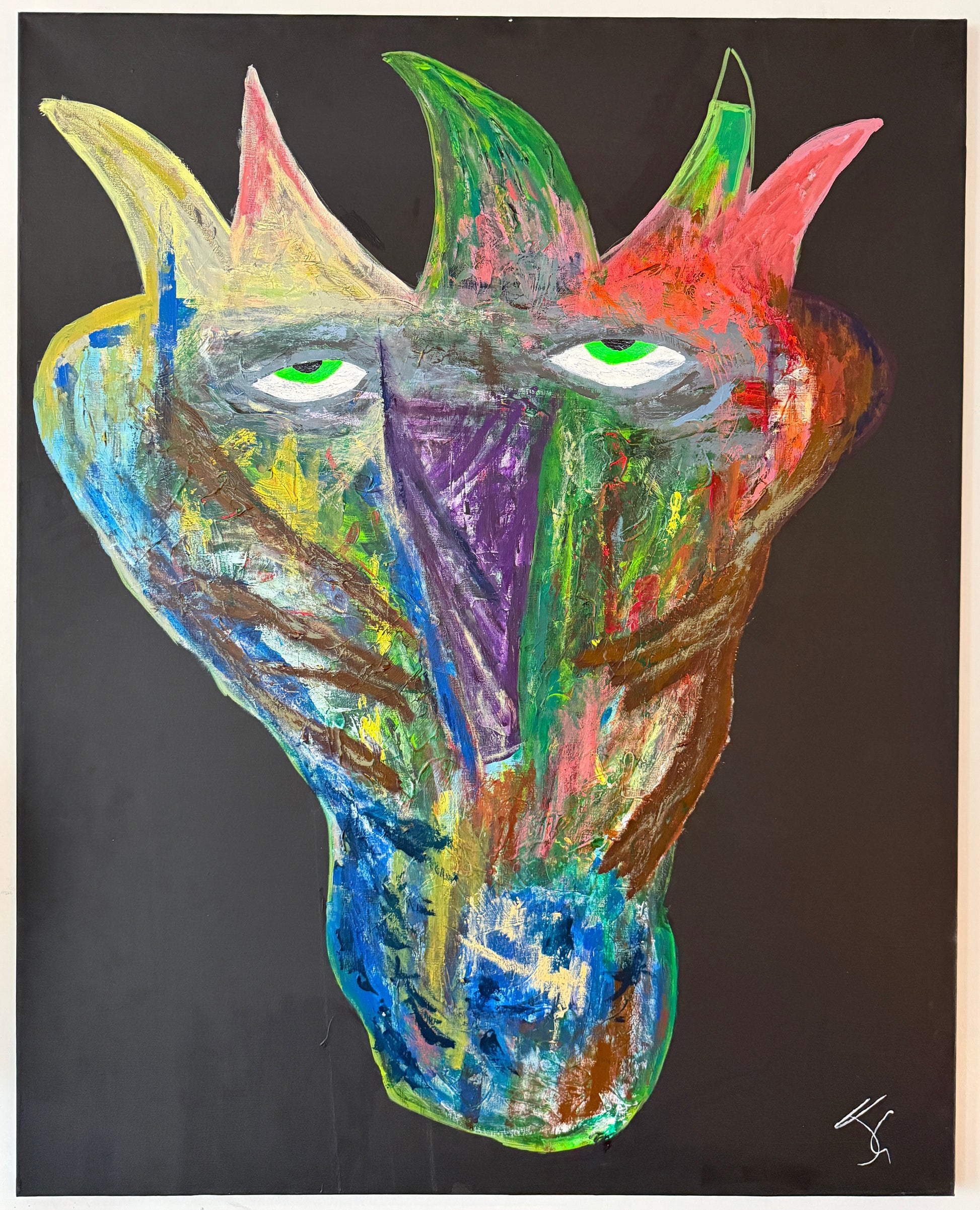 Expressive abstract painting of a multi-colored tribal face with green eyes against a solid black background, available at HEADS Art Gallery.