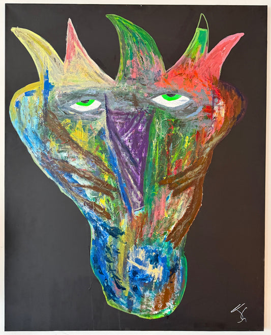 Expressive abstract painting of a multi-colored tribal face with green eyes against a solid black background, available at HEADS Art Gallery.