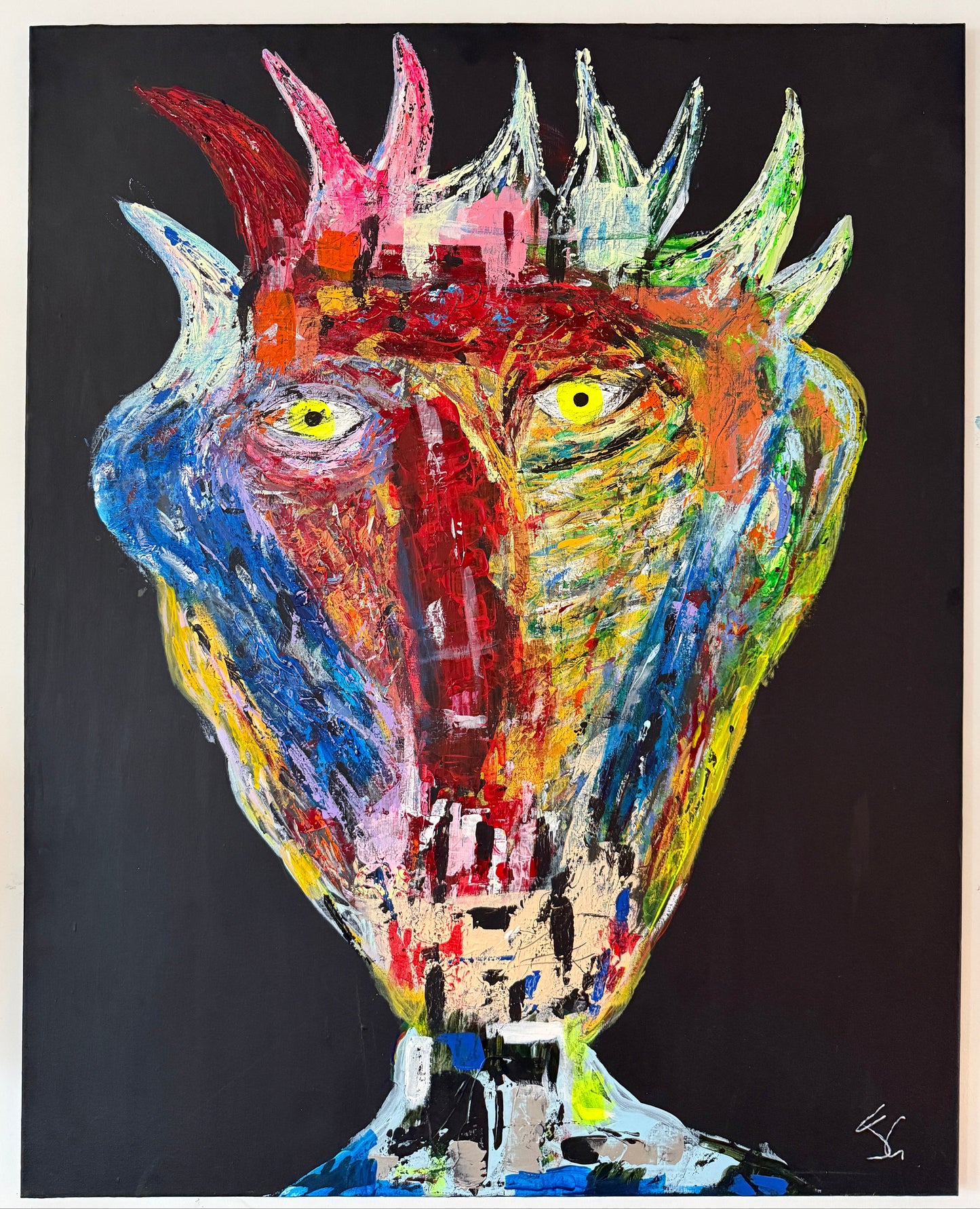 Expressive abstract painting of a multi-colored tribal face with yellow eyes against a solid black background, available at HEADS Art Gallery.