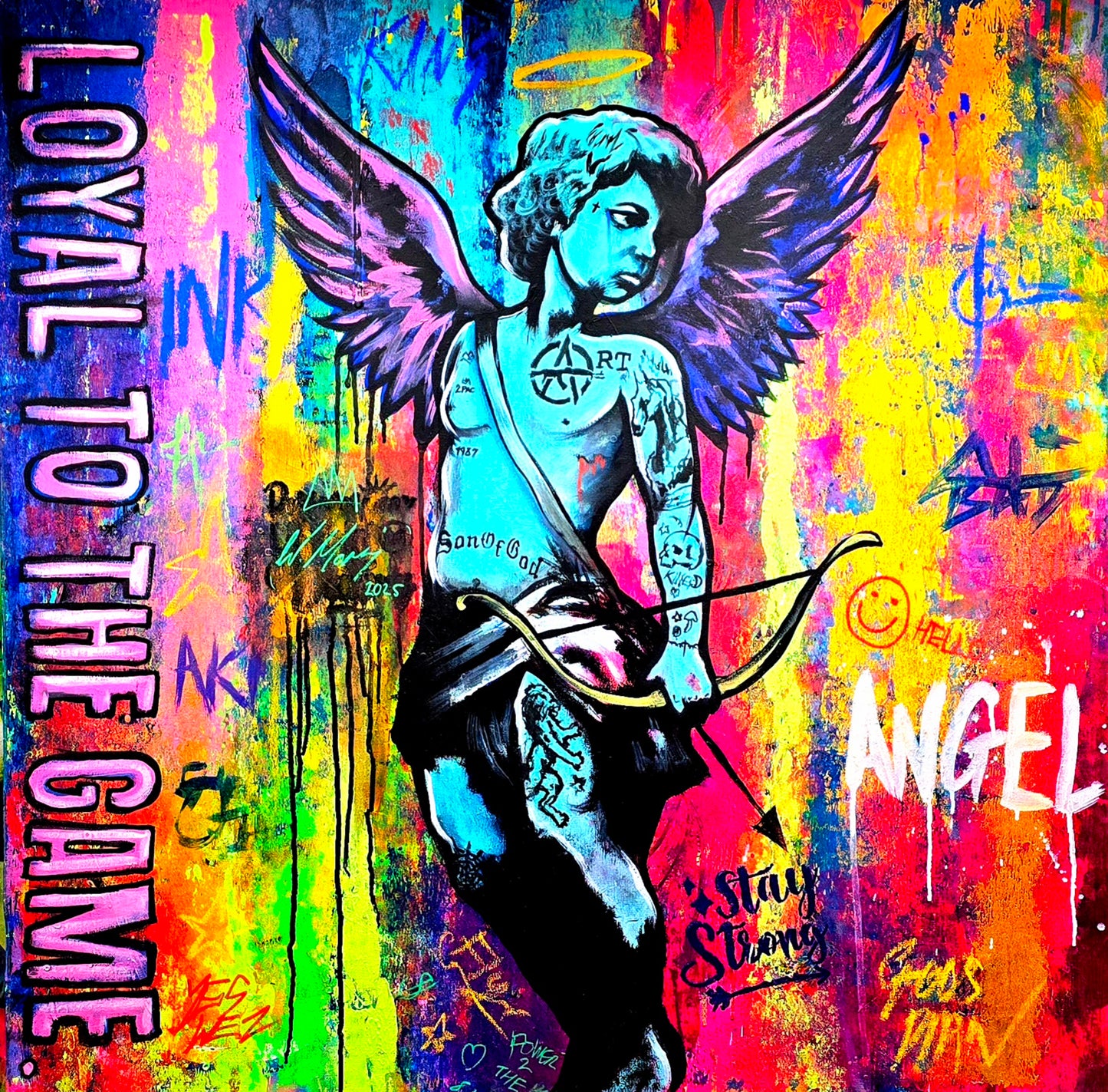 Colorful artwork of an angel with tattoos on a vibrant background, featuring text and abstract elements.