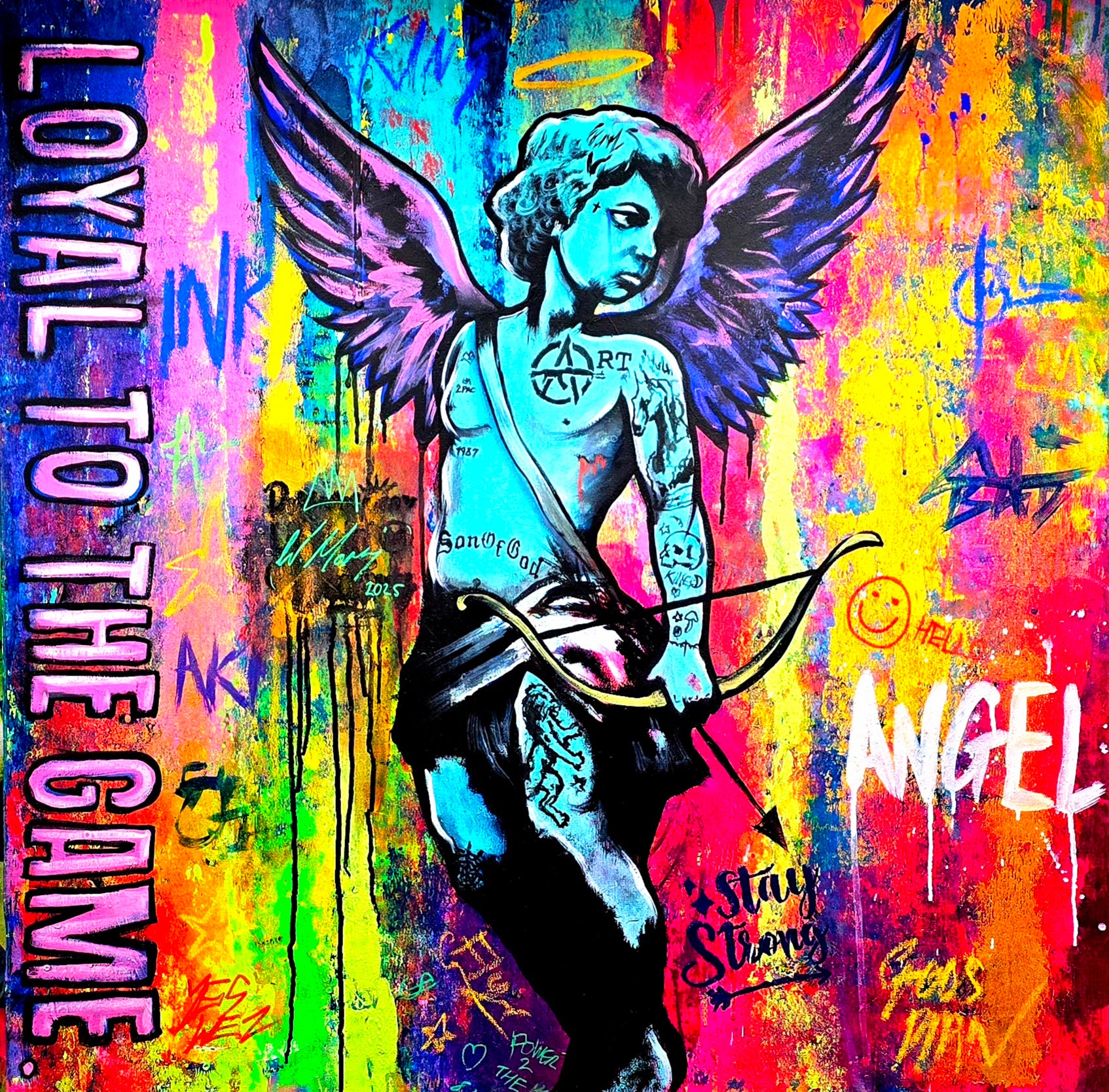 Colorful artwork of an angel with tattoos on a vibrant background, featuring text and abstract elements.