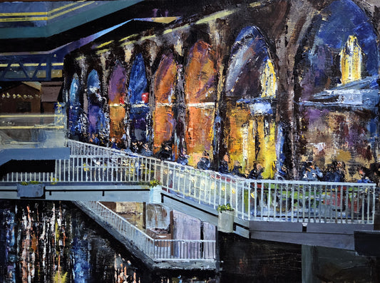 Artistic depiction of a cityscape with colorful buildings on a bridge over water.