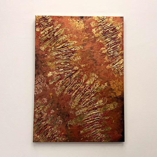 Highly textured abstract painting featuring shimmering gold leaf patterns across a warm red, brown, and copper-toned backdrop, available at HEADS Art Gallery.