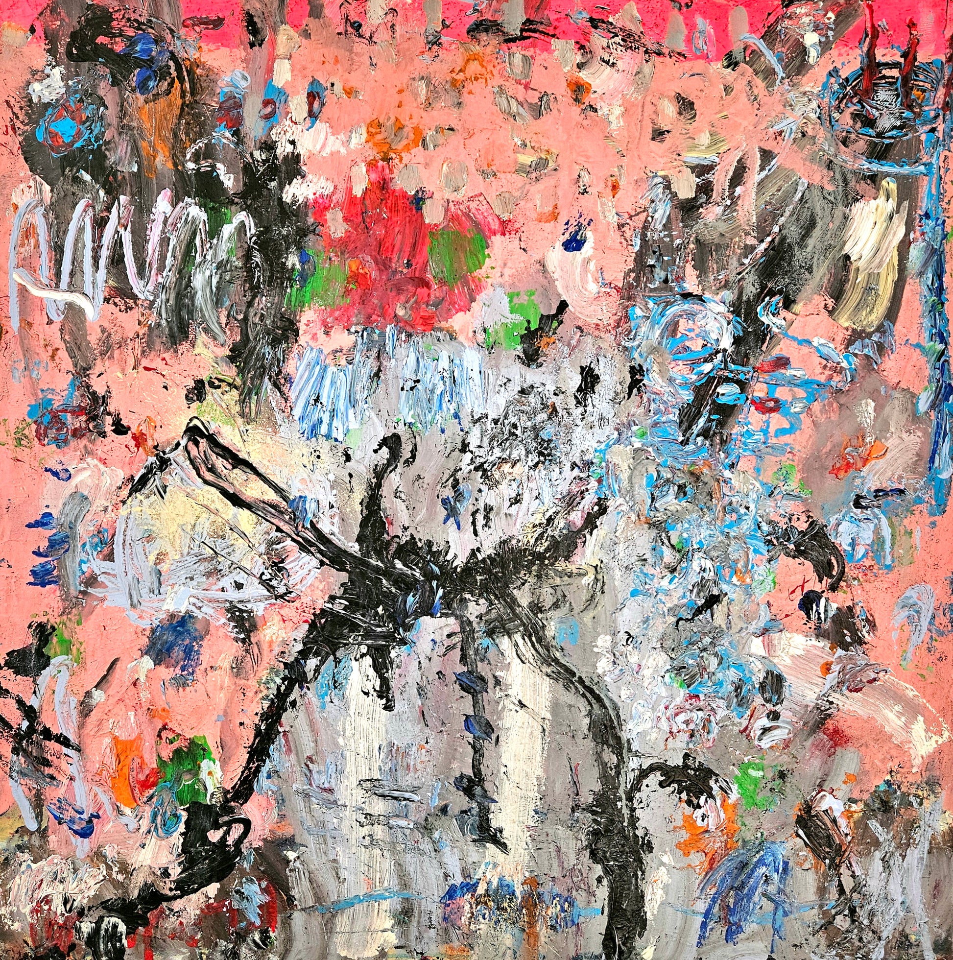 Abstract artwork with a central black rabbit figure on a multicolored background