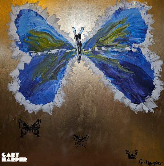 Painting of a blue butterfly on a gold background with 'Gary Harper' signature available at HEADS Art Gallery.