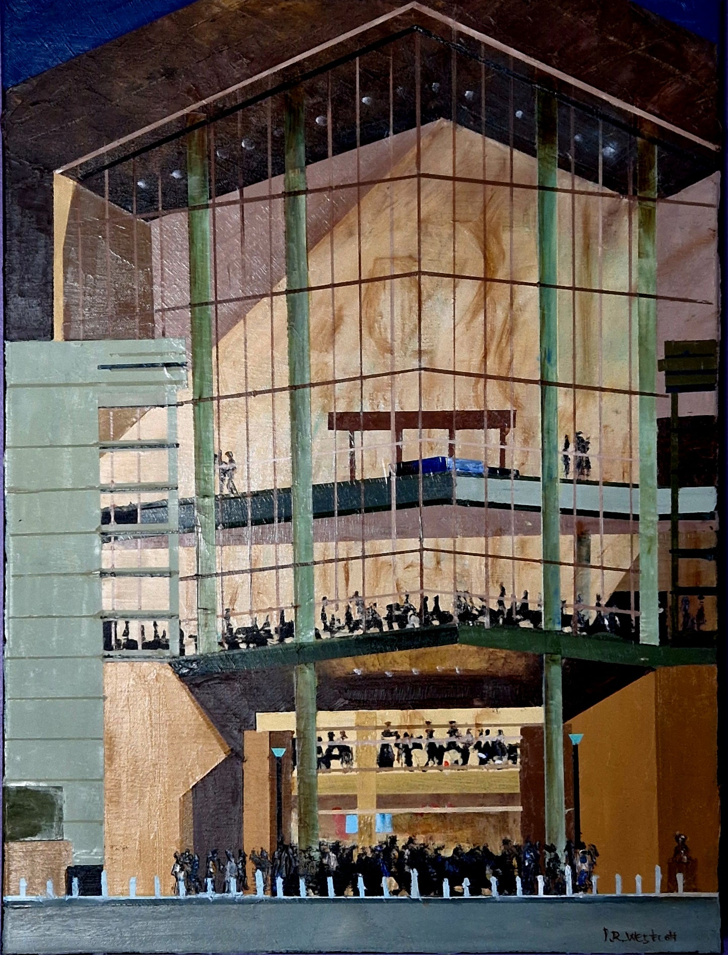 A painting of the Bridgewater Hall concert venue during an evening performance, with a depiction of the audience, stage, and hall interior.