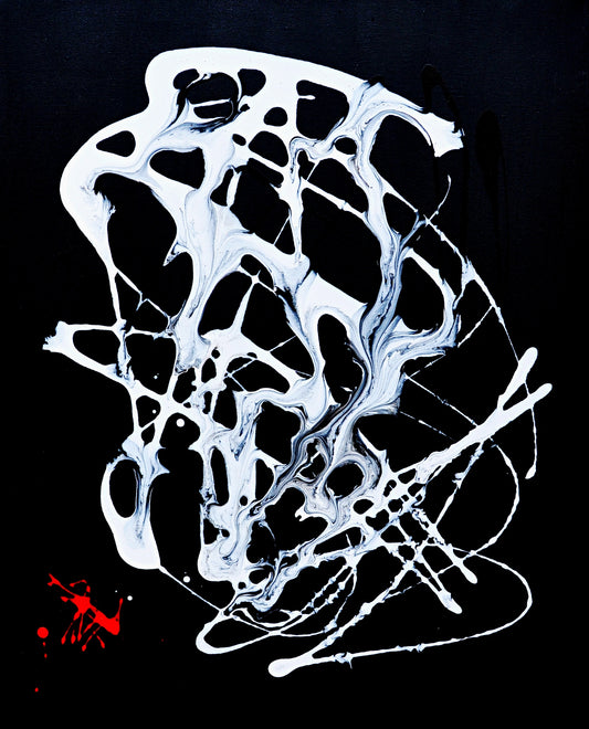 A canvas painting with contrasting colors and textured elements, possibly representing a response to grief and the pandemic.