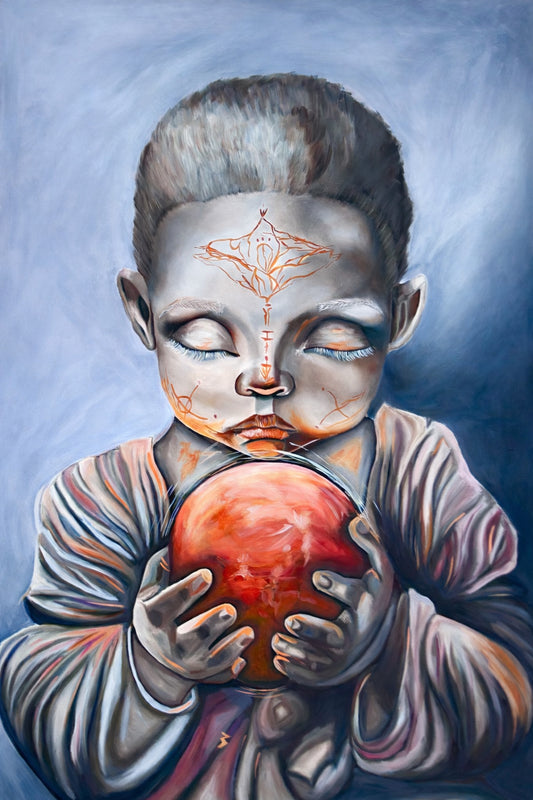 Artistic depiction of a child holding an apple against a blue background