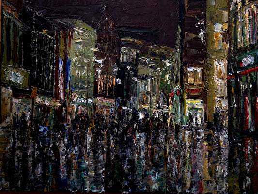 Painting of a crowded city street at night with illuminated buildings.