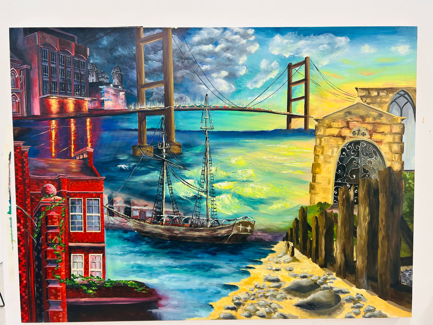 Artistic depiction of a cityscape with a ship, bridge, and architectural elements.