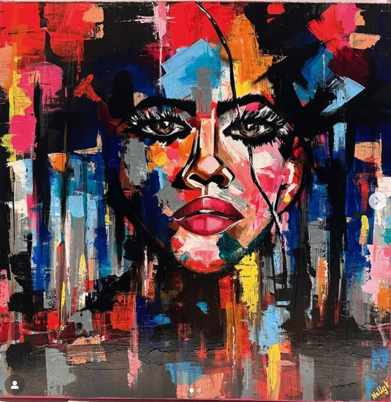 Colorful abstract painting of a face with vibrant hues on a dark background