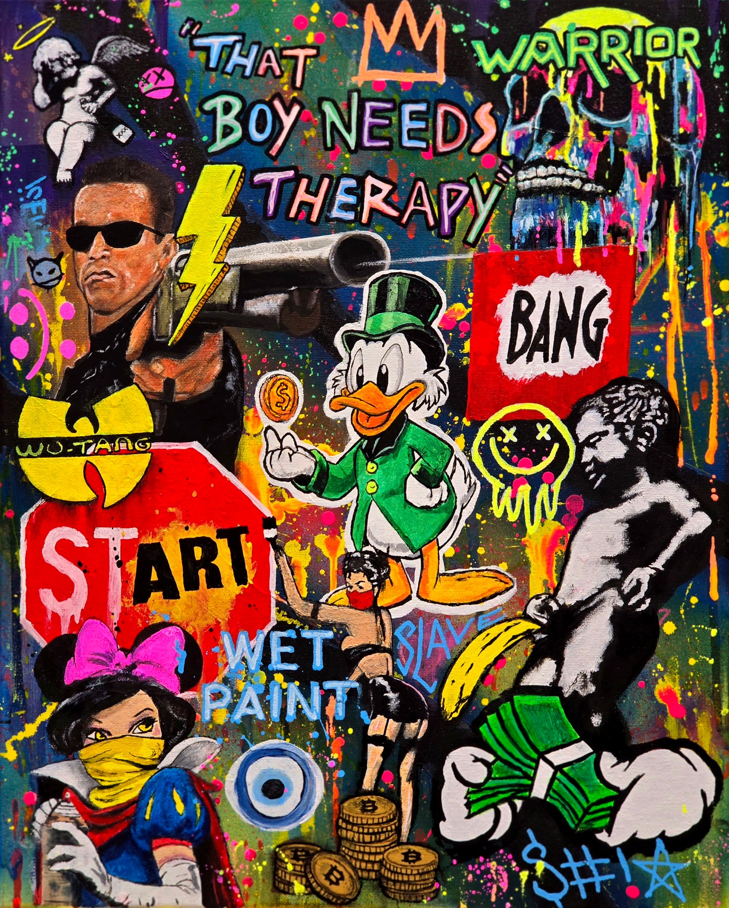 Colorful collage with various characters and text on a dark background