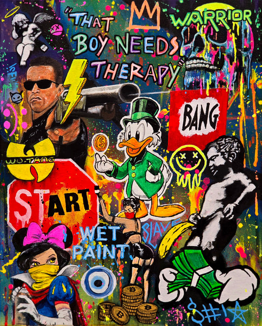 Colorful collage with various characters and text on a dark background