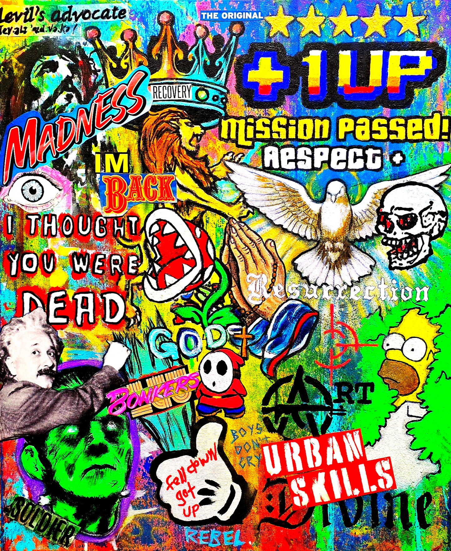 Colorful collage with various graphics, text, and symbols on a multicolored background.
