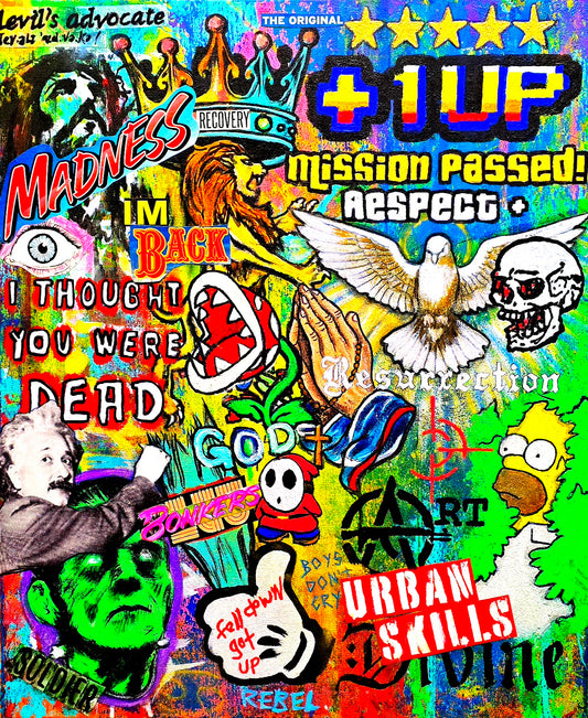 Colorful collage with various graphics, text, and symbols on a multicolored background.